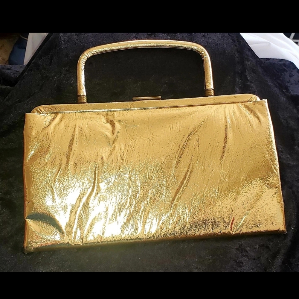 Vintage Gold Foil MCM 50'S Retro Holiday Dress Folding Clutch Purse Handbag